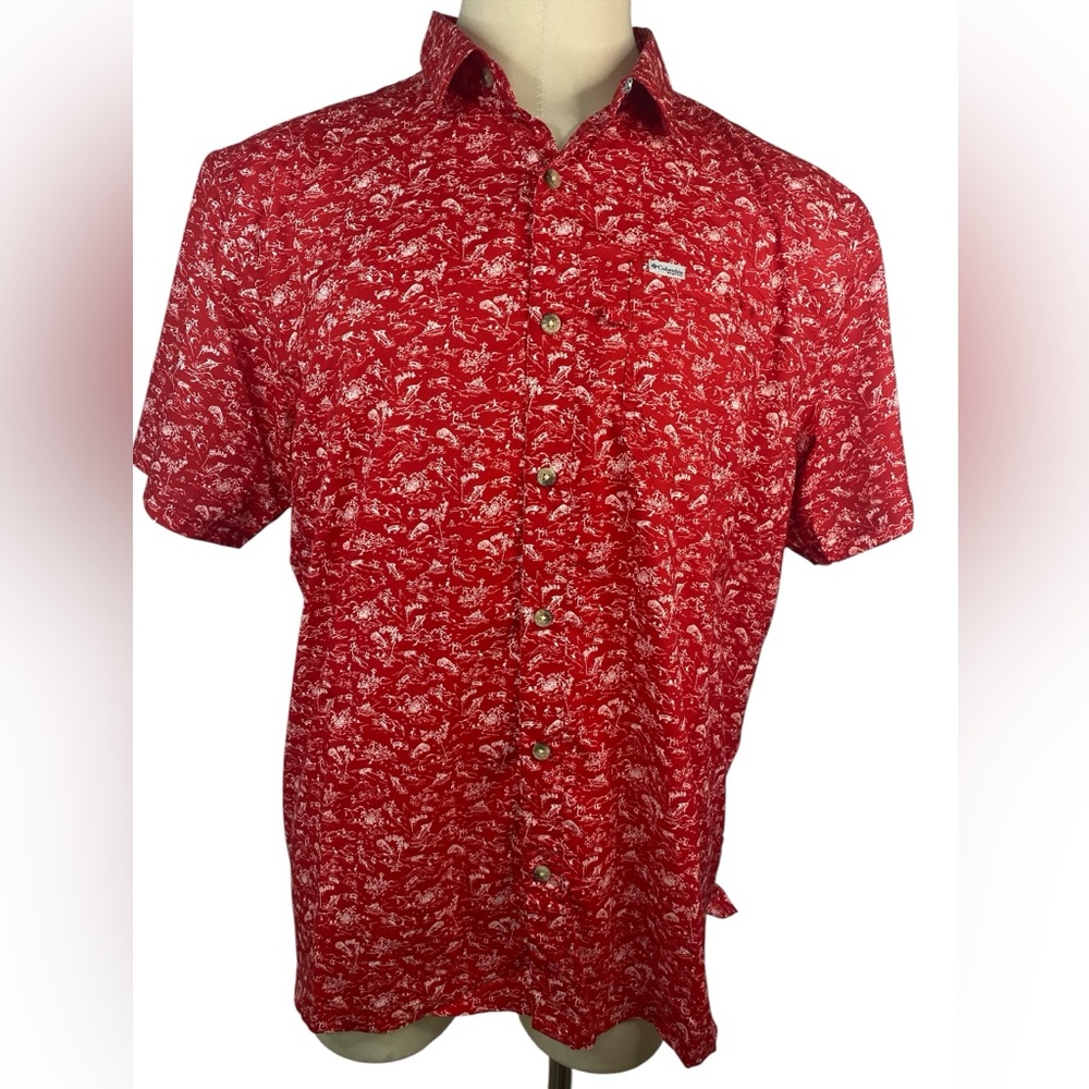 Columbia PFG Red Patterned Short Sleeve Button Up Fishing Shirt Men’s XL